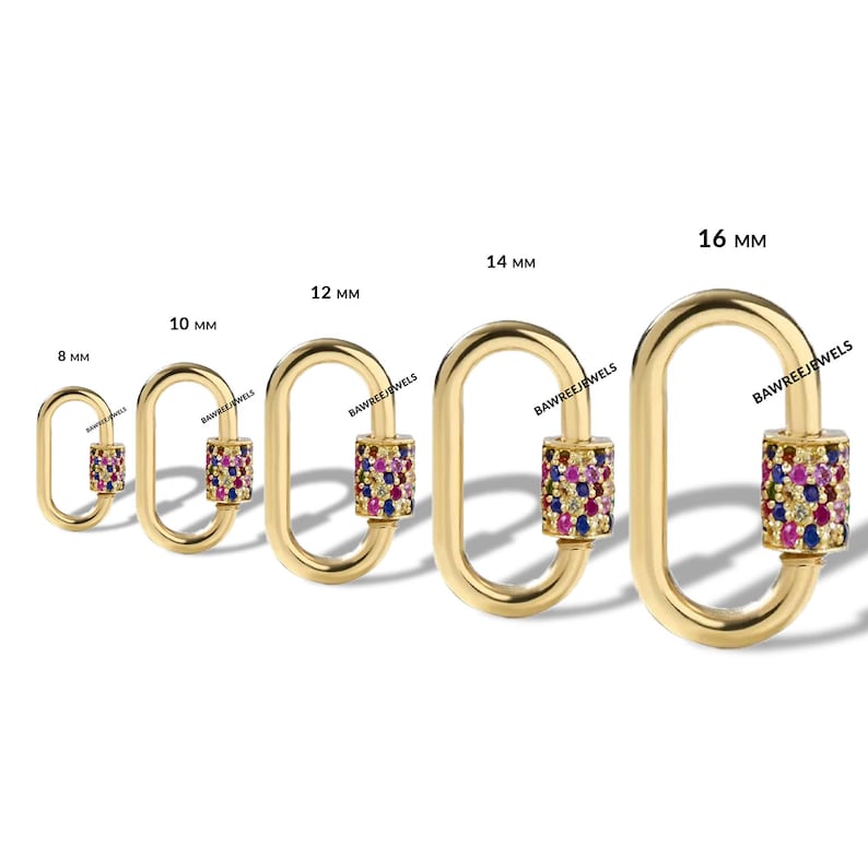 May include: A series of gold-toned oval clasps, each featuring a cylindrical centre embellished with vibrant gemstones. Sizes vary from 8 mm to 16 mm. The clasps are arranged in a line, highlighting their different dimensions.