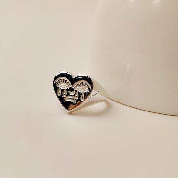 Heart Signet Crying Heart Ring Adjustable Heart Signet Ring Silver