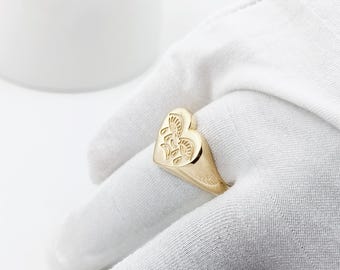 14K Solid Gold Crying Heart Tattoo Ring: Signet Style