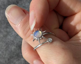 Anillo antiestrés Opal Sun, piedra lunar y topacio, plata de ley 925