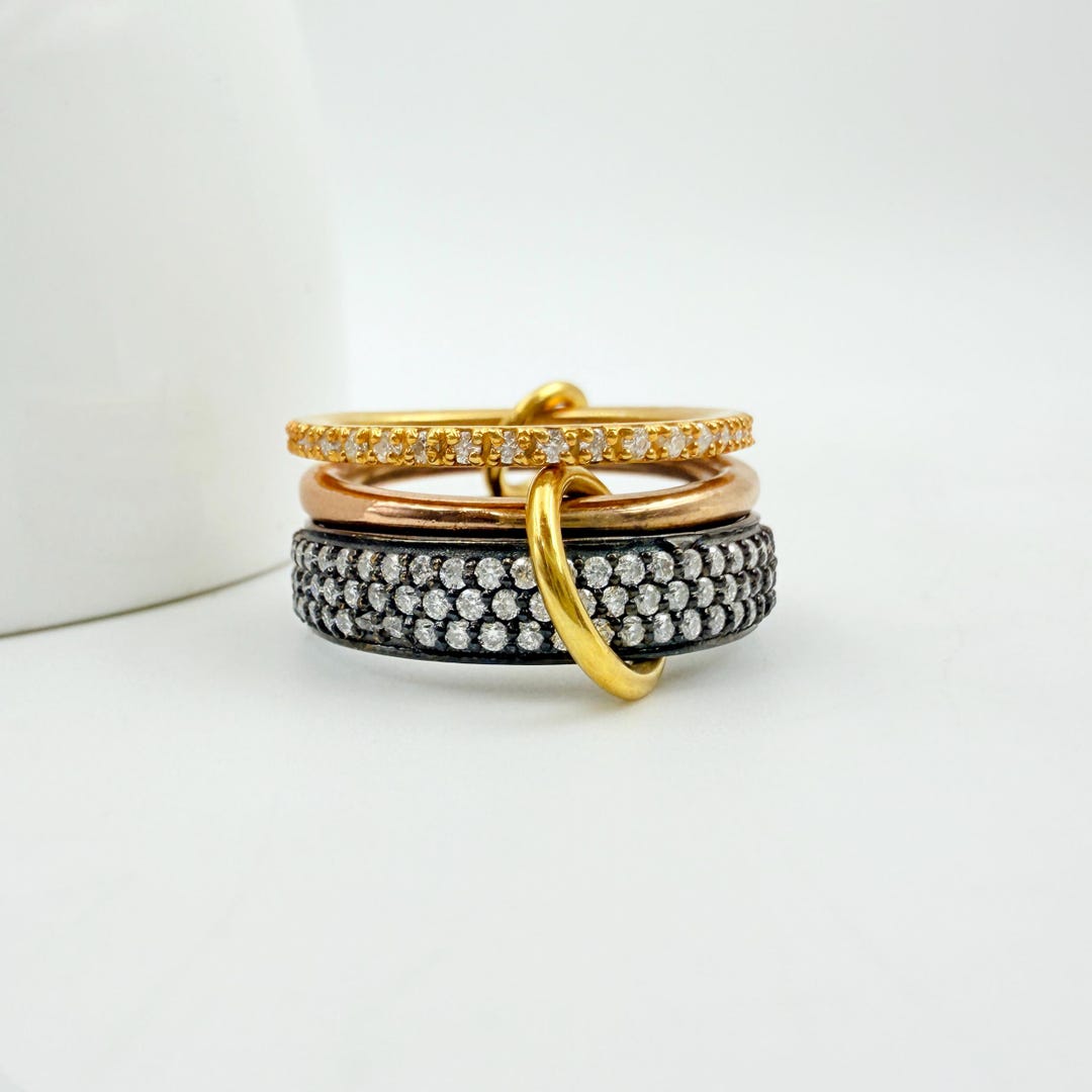 14K Solid Gold Multi Link Connected Ring Connected Stacking Ring Two ...