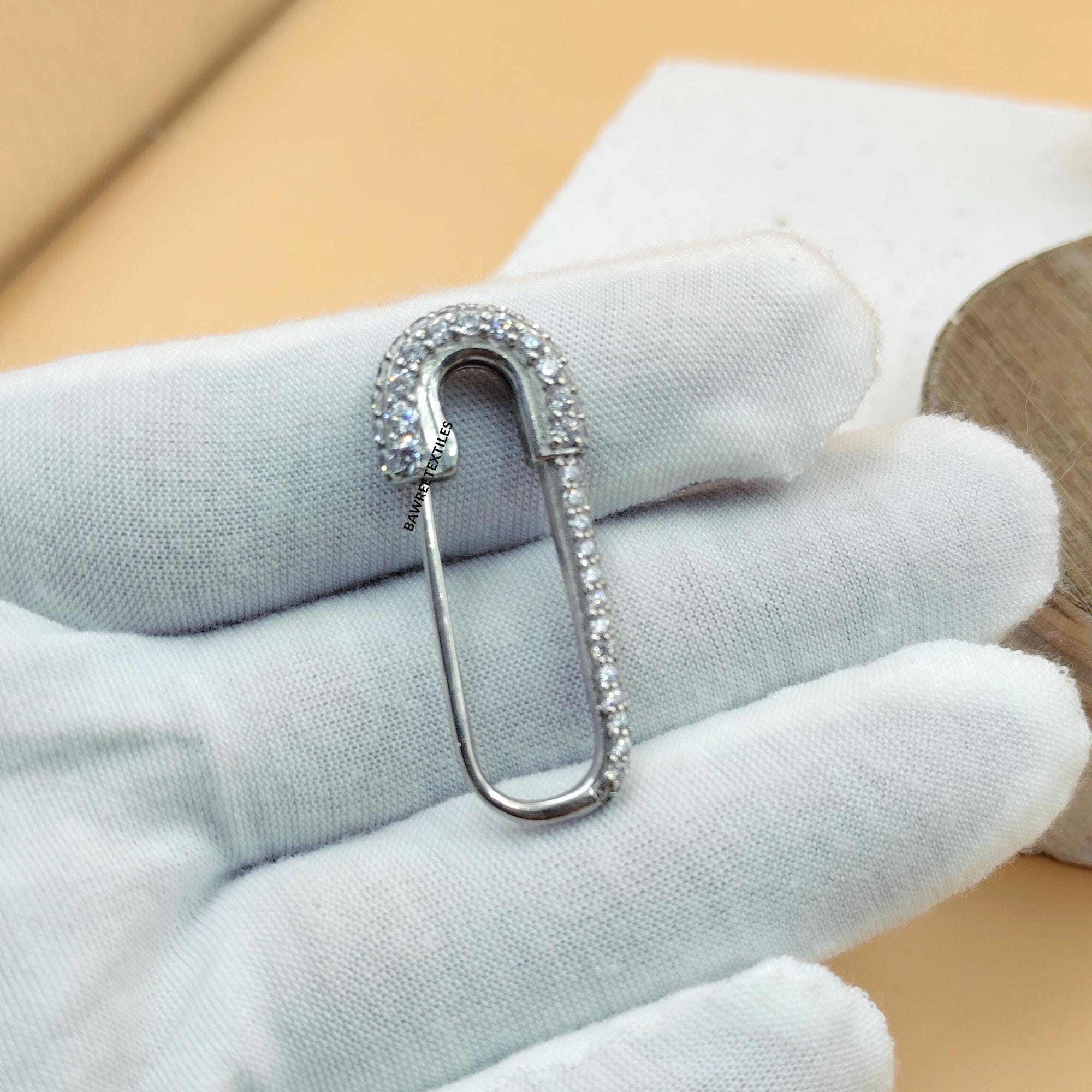 14K Solid Gold Diamond Safety Pin Earring: Gemstone Push Lock - Etsy
