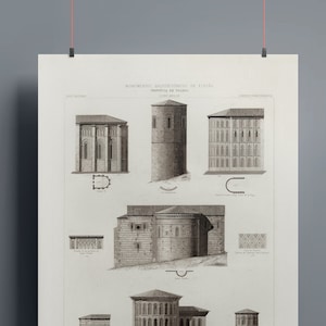 May include: A black and white architectural drawing of a building with a round roof and a tower. The drawing is labelled "Architectural Monuments of the Loire, Chateau de Chaumont".