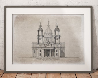 Alzado Iglesia, Arquitectura Vintage, Grabados Arquitectónicos, Arquitectura clásica, Dibujo a tinta vintage, Arte mural IMPRIMIBLE