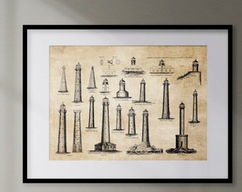 Lighthouses from around the world, lighthouse print, Vintage Architecture, Architecture prints, vintage ink drawing, PRINTABLE wall art