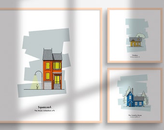 Set of 3 House drawings, hand-drawn style, PRINTABLE ART, colored architectural drawing, up to 16''x16'' size
