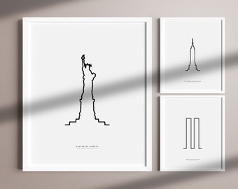 New York Architecture, SET of 3 Architectural prints, minimalist single line drawing, PRINTABLE wall art