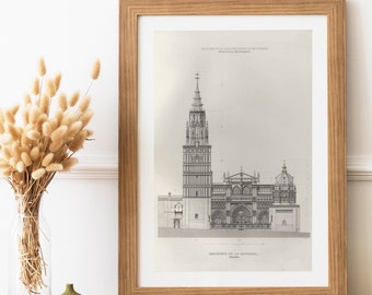 Toledo Cathedral 1493, Spanish Architecture, high quality Architecture prints, Gothic church, vintage ink drawing, PRINTABLE wall art