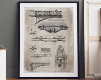 Eiffel bridge Details, vintage architecture, Architecture prints, classic architecture, vintage ink drawing, PRINTABLE wall art