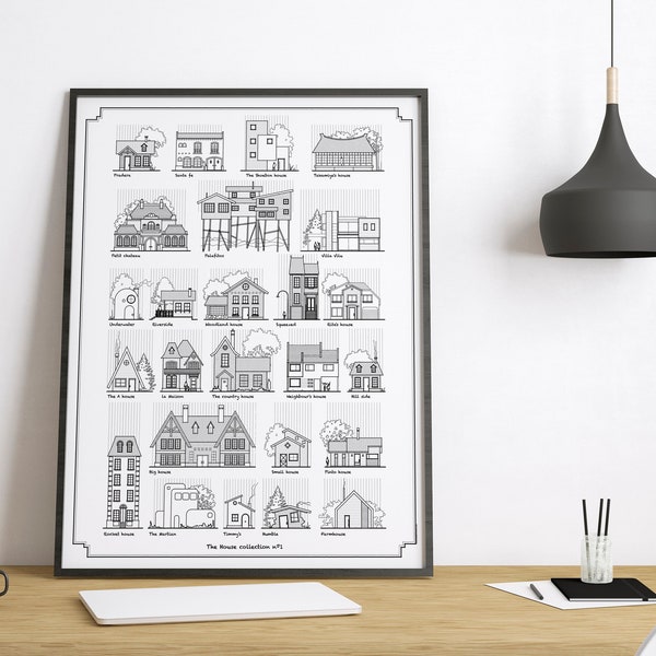 House drawings, 25 different original designs made in hand-drawn style, PRINTABLE ART, black ink architectural drawing