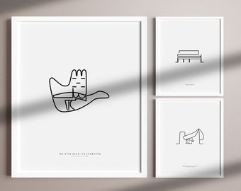 SET of 3 Architectural prints, Le Corbusier architecture, The open hand, Villa Savoye, minimalist single line drawing