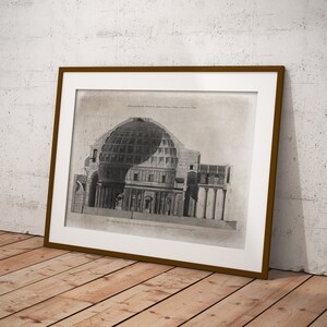 Puede incluir: Un dibujo arquitect&oacute;nico en blanco y negro del Pante&oacute;n de Roma, Italia. El dibujo muestra el interior y el exterior del edificio, incluida la c&uacute;pula y las columnas.