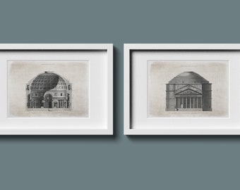 Conjunto de 2 Panteón de Roma, Grabados de arquitectura, arquitectura clásica italiana, dibujo en tinta vintage, arte de pared IMPRIMIBLE