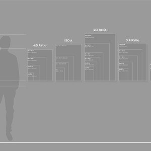 Puede incluir: Un gr&aacute;fico que muestra diferentes tama&ntilde;os de impresi&oacute;n en pulgadas y cent&iacute;metros, con una persona de pie junto al gr&aacute;fico para la escala. El gr&aacute;fico incluye los tama&ntilde;os de impresi&oacute;n ISO A, 4:5, 2:3, 3:4, 8,5x11 y 5x7.