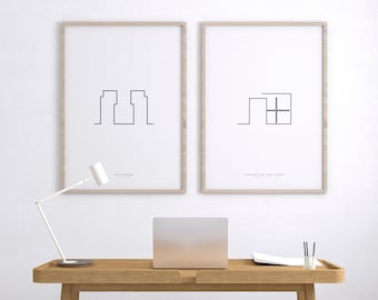 SET of 2 Architectural prints, 4x4 house & Church of the light, Japanese architecture, minimalist single line drawing, PRINTABLE wall art