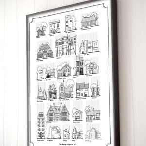 K&ouml;nnte beinhalten: Eine Schwarzwei&szlig;illustration von 20 verschiedenen Hausdesigns. Jedes Haus ist mit einem Namen versehen, wie z. B. "Das Landhaus" oder "Das Herrenhaus". Das Bild tr&auml;gt den Titel "The House Collection #1".