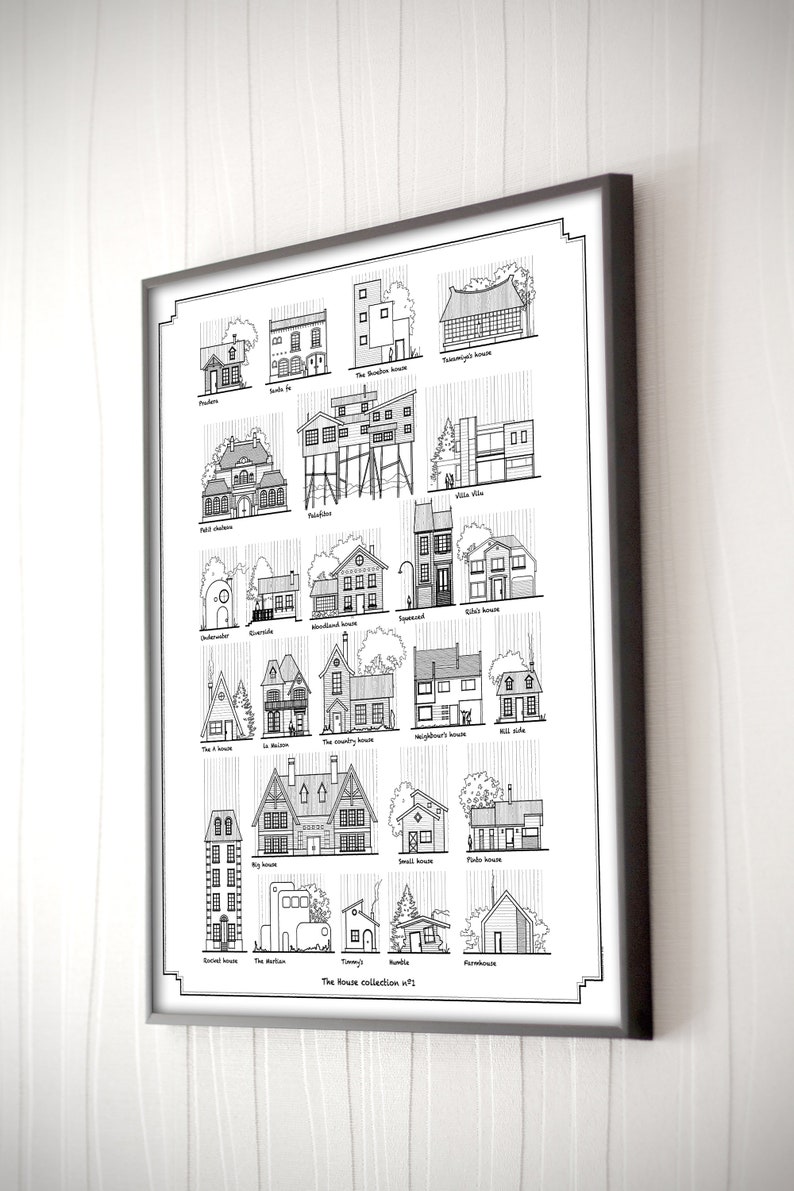 K&ouml;nnte beinhalten: Eine Schwarzwei&szlig;illustration von 20 verschiedenen Hausdesigns. Jedes Haus ist mit einem Namen versehen, wie z. B. "Das Landhaus" oder "Das Herrenhaus". Das Bild tr&auml;gt den Titel "The House Collection #1".