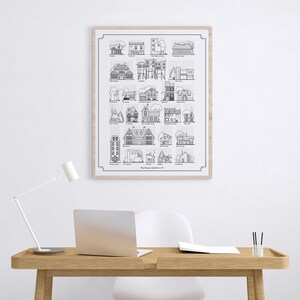 K&ouml;nnte beinhalten: Eine Schwarzwei&szlig;illustration von 25 verschiedenen Hausstilen, darunter ein Cape Cod, ein viktorianisches Haus und ein Tudor. Die Illustration ist gerahmt und h&auml;ngt an einer wei&szlig;en Wand &uuml;ber einem Holztisch mit einem Laptop, einer Lampe und einem Glas mit Bleistiften.