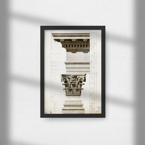 May include: A black and white architectural drawing of a column capital with intricate details. The drawing includes measurements and annotations.