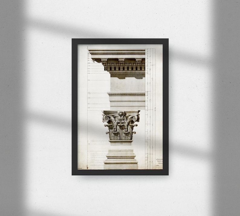 May include: A black and white architectural drawing of a column capital with intricate details. The drawing includes measurements and annotations.