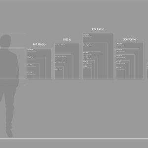 K&ouml;nnte beinhalten: Ein Diagramm, das verschiedene Druckgr&ouml;&szlig;en f&uuml;r Fotos zeigt, darunter 4:5, ISO A, 2:3, 3:4, 8,5x11 und 5x7. Das Diagramm ist mit Ma&szlig;en in Zoll und Zentimetern beschriftet.
