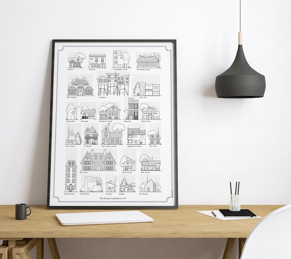 Dibujos de la casa, 25 diseños originales diferentes hechos en estilo dibujado a mano, ARTE IMPRIMIBLE, dibujo arquitectónico en tinta negra