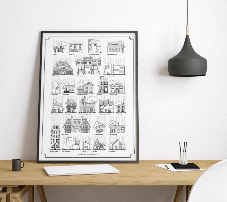 K&ouml;nnte beinhalten: Eine Schwarzwei&szlig;illustration von 25 verschiedenen Hausdesigns. Die H&auml;user sind in einem einfachen Stil gezeichnet und mit ihren Namen beschriftet. Der Titel der Illustration lautet "The House Collection #1".