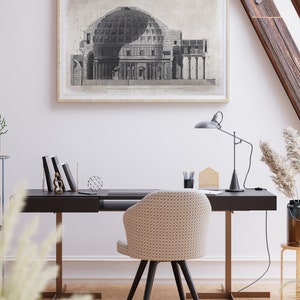 Puede incluir: Un dibujo arquitect&oacute;nico en blanco y negro del Pante&oacute;n de Roma, Italia. El dibujo muestra el interior y el exterior del edificio, incluyendo la c&uacute;pula y las columnas. El dibujo est&aacute; enmarcado y colgado en una pared blanca.