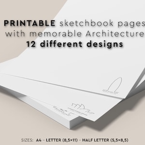 Puede incluir: Una pila de páginas de cuaderno de bocetos imprimibles blancas con diseños arquitectónicos. El texto dice "PRINTABLE sketchbook pages with memorable Architecture 12 different designs." Tamaños: A4, Letter (21,6x27,9 cm) y Half Letter (14x21,6 cm).