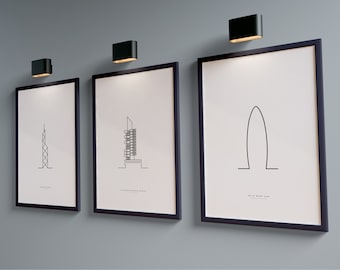 SET of 3 Architectural prints, London - Tokyo - Hong Kong towers, minimalist single line drawing, PRINTABLE wall art