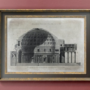 Puede incluir: Un dibujo arquitect&oacute;nico en blanco y negro del Pante&oacute;n de Roma, Italia. El dibujo muestra el interior y el exterior del edificio, incluyendo la c&uacute;pula y las columnas. El dibujo est&aacute; enmarcado en un marco dorado y negro.