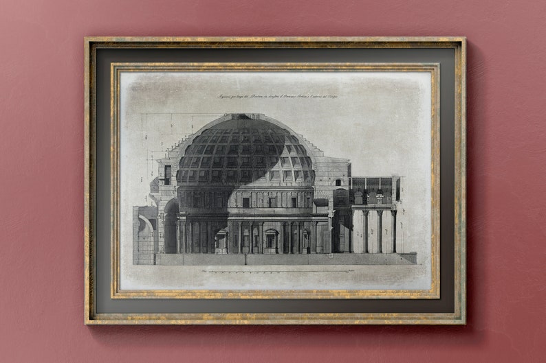 Puede incluir: Un dibujo arquitect&oacute;nico en blanco y negro del Pante&oacute;n de Roma, Italia. El dibujo muestra el interior y el exterior del edificio, incluyendo la c&uacute;pula y las columnas. El dibujo est&aacute; enmarcado en un marco dorado y negro.