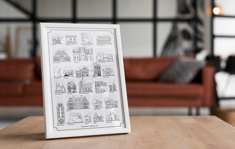 K&ouml;nnte beinhalten: Ein wei&szlig;er gerahmter Druck mit einer Schwarzwei&szlig;illustration verschiedener Hausstile. Der Druck ist mit "The House Evolution v.1" betitelt.