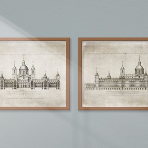El Escorial 1560 conjunto de 2 grabados de arquitectura, arquitectura española, edificio renacentista, dibujo en tinta vintage, arte de pared IMPRIMIBLE