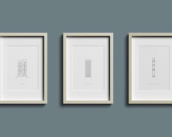 SET of 4 Architectural prints, Hong Kong buildings, minimalist single line drawing, PRINTABLE wall art