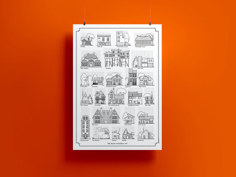 K&ouml;nnte beinhalten: Eine Schwarzwei&szlig;illustration von 25 verschiedenen Hausstilen. Die H&auml;user sind in einem einfachen, minimalistischen Stil gezeichnet und mit ihren Namen beschriftet. Der Titel des Posters lautet "The House Collection #1".