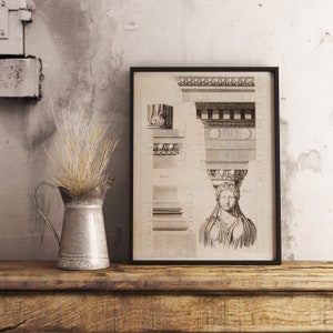 Caryatids, Erechtheion of the Acropolis, Greek column, Architecture prints, classic architecture, vintage ink drawing, PRINTABLE wall art