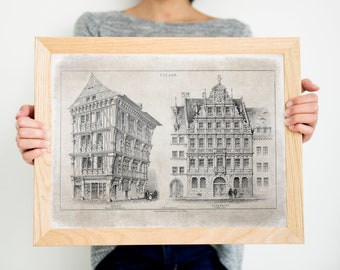 Ilustración de fachadas de edificios, Grabados de arquitectura, Arquitectura francesa, Dibujo a tinta vintage, Arte mural IMPRIMIBLE