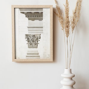 May include: A framed print of a detailed architectural drawing of a column capital, with a vase of dried pampas grass in the foreground.