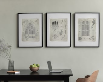 Set of 4 Gothic Windows drawings, Architecture prints, classic architecture, vintage ink drawing, PRINTABLE wall art