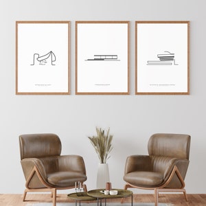 SET of 3 Architectural prints, 1950's architecture, modern architecture, minimalist single line drawing, PRINTABLE wall art download