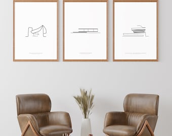 SET of 3 Architectural prints, 1950's architecture, modern architecture, minimalist single line drawing, PRINTABLE wall art download