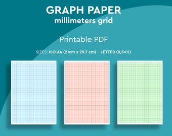 Printable 1mm x 1mm grid GRAPH PAPER, Milimeters grid, 3 different colors, Pdf bundle