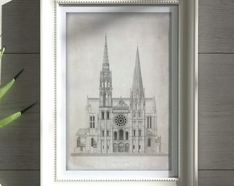 Catedral de Chartres (1194), arquitectura francesa, grabados arquitectónicos, iglesia gótica, dibujo a tinta vintage, arte mural imprimible