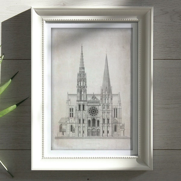 Chartres Cathedral 1194, French Architecture, Architecture prints, Gothic church, vintage ink drawing, PRINTABLE wall art