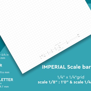 以下が含まれることがあります： 1/4インチ x 1/4インチのグリッドを持つ白いグラフ用紙。1/8インチと1/4インチのスケールに対応するインペリアルスケールバー付き。A4（210 x 297 mm）、レター（215.9 x 279.4 mm）、ハーフレター（215.9 x 139.7 mm）サイズが含まれています。