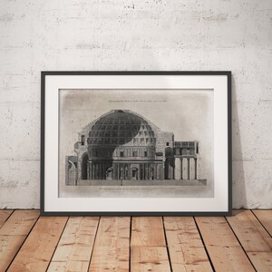 Puede incluir: Un dibujo arquitect&oacute;nico en blanco y negro del Pante&oacute;n de Roma, Italia. El dibujo muestra el interior y el exterior del edificio, incluyendo la c&uacute;pula, las columnas y las paredes.
