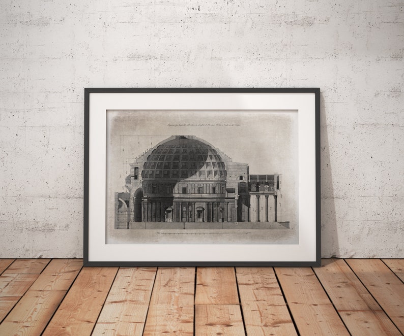 Puede incluir: Un dibujo arquitect&oacute;nico en blanco y negro del Pante&oacute;n de Roma, Italia. El dibujo muestra el interior y el exterior del edificio, incluyendo la c&uacute;pula, las columnas y las paredes.