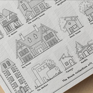 K&ouml;nnte beinhalten: Eine Schwarzwei&szlig;-Zeichnung einer Sammlung verschiedener Hausstile. Die H&auml;user sind mit Namen wie "The A house", "La Maison", "The Country House", "Big House", "The Martian", "Timmy's", "Humble", "Small House", "Pinto House", "Farmhouse", "Riverside" und "Neighbor" beschriftet. Der Text "The House Collection #1" befindet sich am unteren Rand des Bildes.