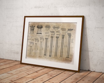 Columnas griegas, Corintio jónico dórico, Grabados de arquitectura, arquitectura clásica, dibujo a tinta vintage, arte mural IMPRIMIBLE